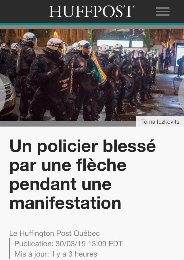 NatTremb_'s tweet photo. Tout le monde parle de Babine, mais la tentative de meurtre sur le policier avec une flèche, pas grave! #manifencours http://t.co/AyZ0bO1wFk