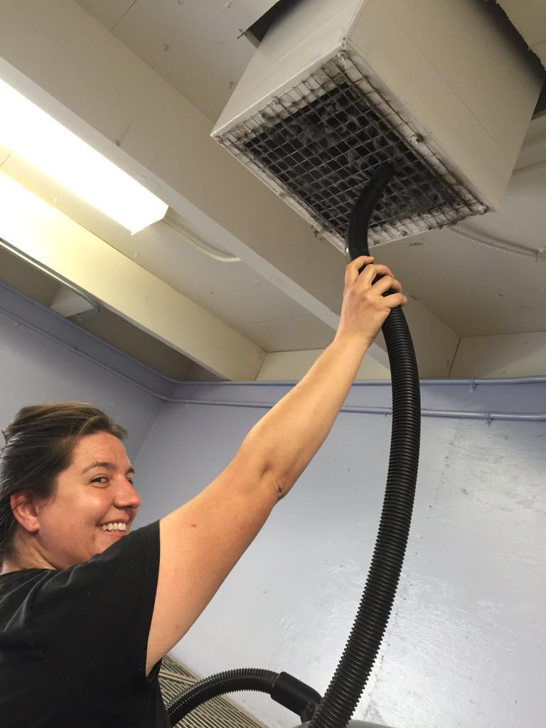 VCAnimalService's tweet photo. Happy Fomite Friday! Here's Sarah cleaning up all the Fomites in our air ducts. #fomitefriday http://t.co/ikmJvVYGTq