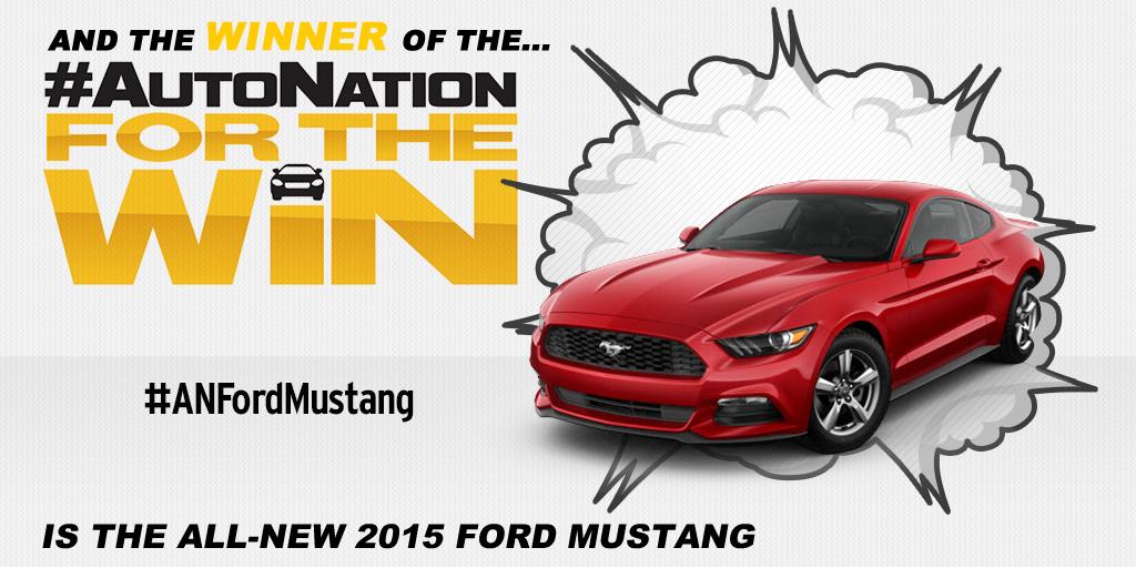 AutoNation's tweet photo. The winner of the #AutoNationForTheWin is the all-new and powerful 2015 @Ford #Mustang! #ANFordMustang #AutoNation http://t.co/9Hsq2LY9ZR