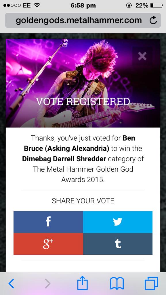 tedmacdonald1's tweet photo. Just voted @benjaminbruce for @MetalHammer golden gods! Fuck yeah! http://t.co/bSSogrNTvC