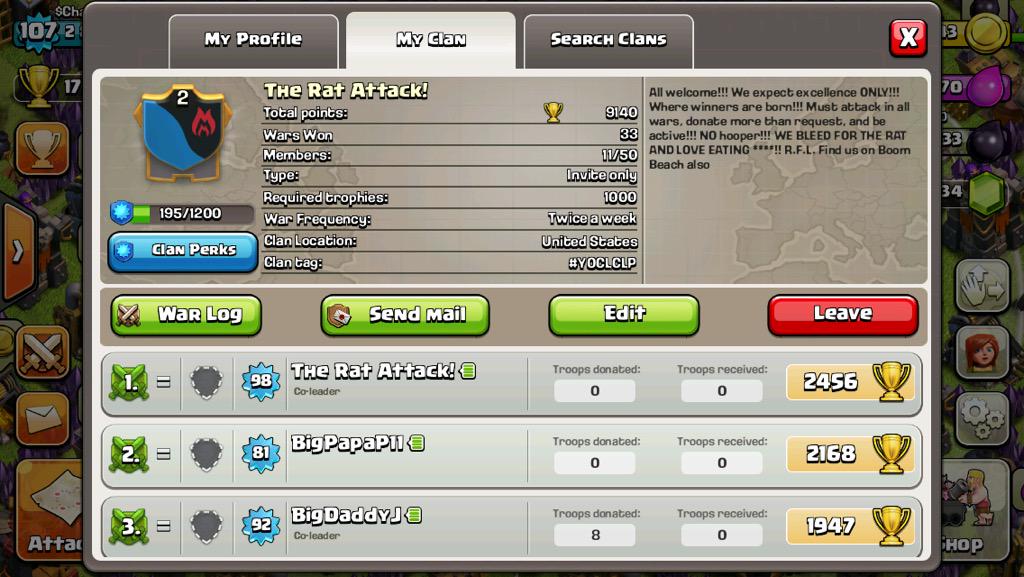 ratsattack's tweet image. Recent update on our clan! Strong hardworking group of guys playing and winning! Also 33 war wins #clashofclans #join