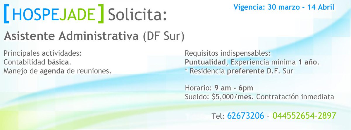 hospejade's tweet photo. Solicito Asistente (DF Sur) 9am-6pm Sueldo: $5,000/mes
#empleo @EmpleosMexicoDF @dgecempleodf @bolsatrabajodf http://t.co/DC4Lsfmi7A
