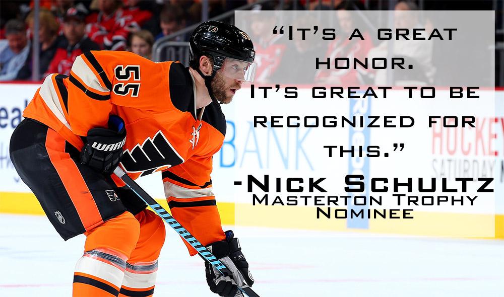 NHLFlyers's tweet image. Nick Schultz has been nominated for the Masterton Trophy by @ThePHWA Philly chapter → bit.ly/1IKoDGa