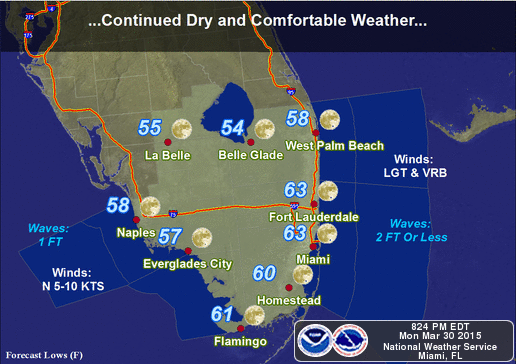 NWSMiami's tweet photo. Another dry and comfortable night over South Florida. Lows in the 50s except around 60 east coast metro areas. #flwx http://t.co/ZoLLTlx6Sq