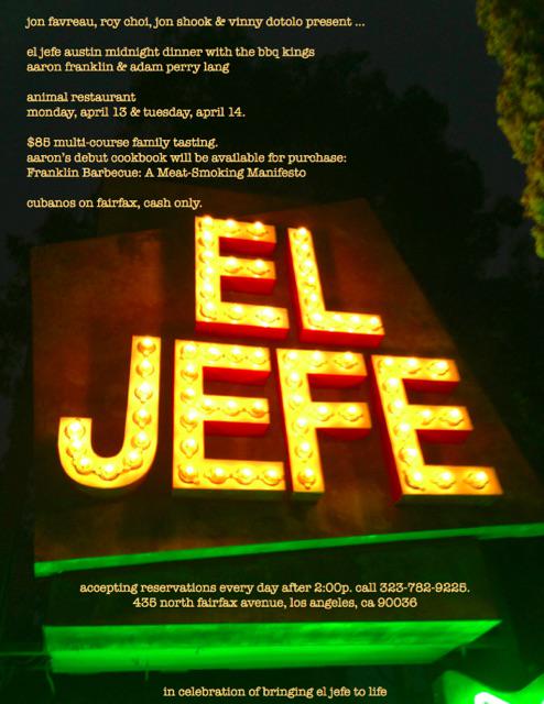 Jon_Favreau's tweet photo. El Jefe is coming back to LA. @FranklinBbq is coming to town for our Austin pop up http://t.co/faB4yFUG9Y
