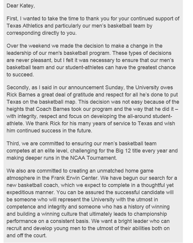 psencikk's tweet image. Letter from UT AD Steve Patterson in my email: "We are committed to ensuring (@texasmbb) competes at an elite level"