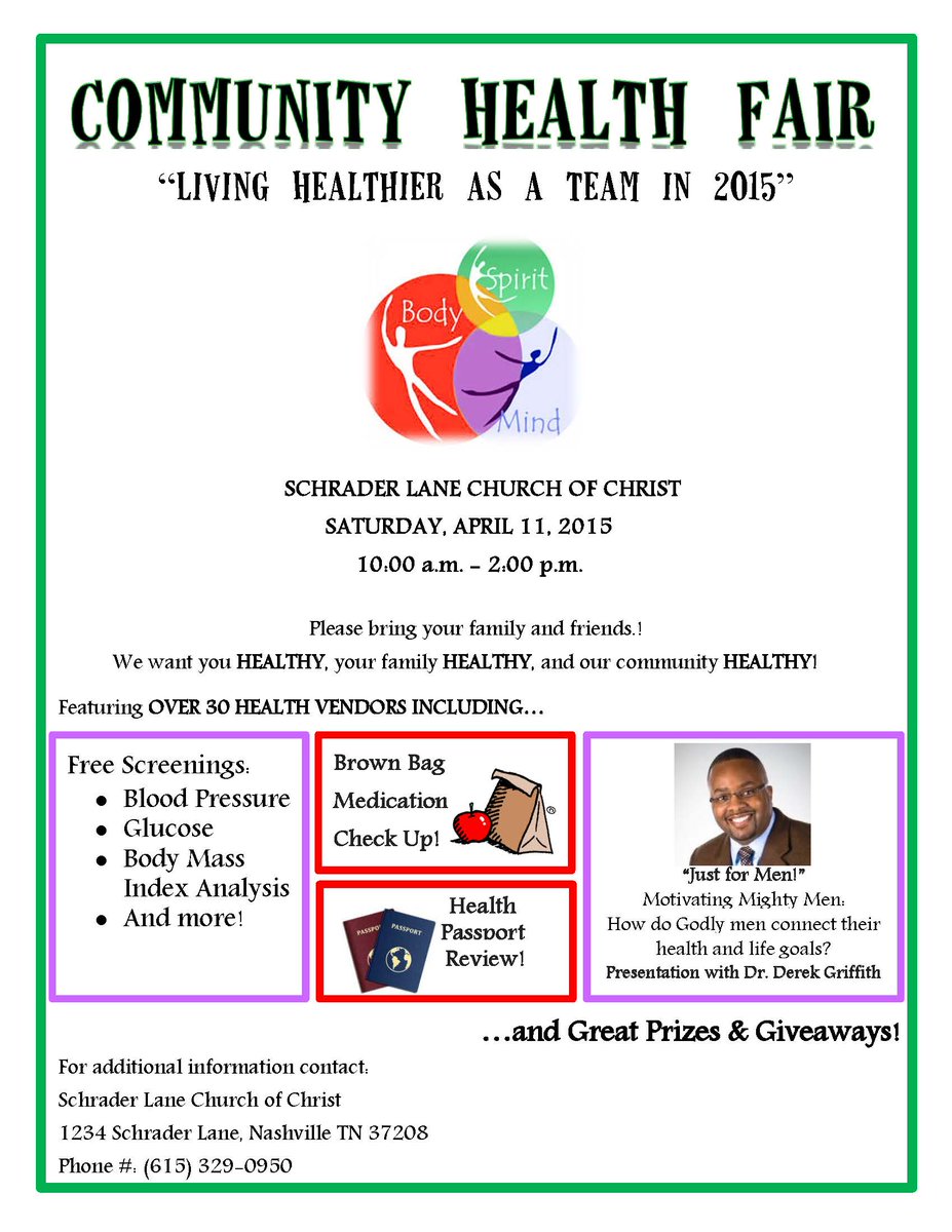 Health Fair @ Schrader Lane Church of Christ.  Saturday, April 11 at 10am-2pm.  All are welcome to attend!