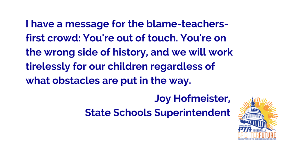 OSSBAoklahoma's tweet photo. .@joy4ok: "I have a message for the blame-teachers-first crowd." #OKEDRally #oklaed http://t.co/ALMDG9YMOp