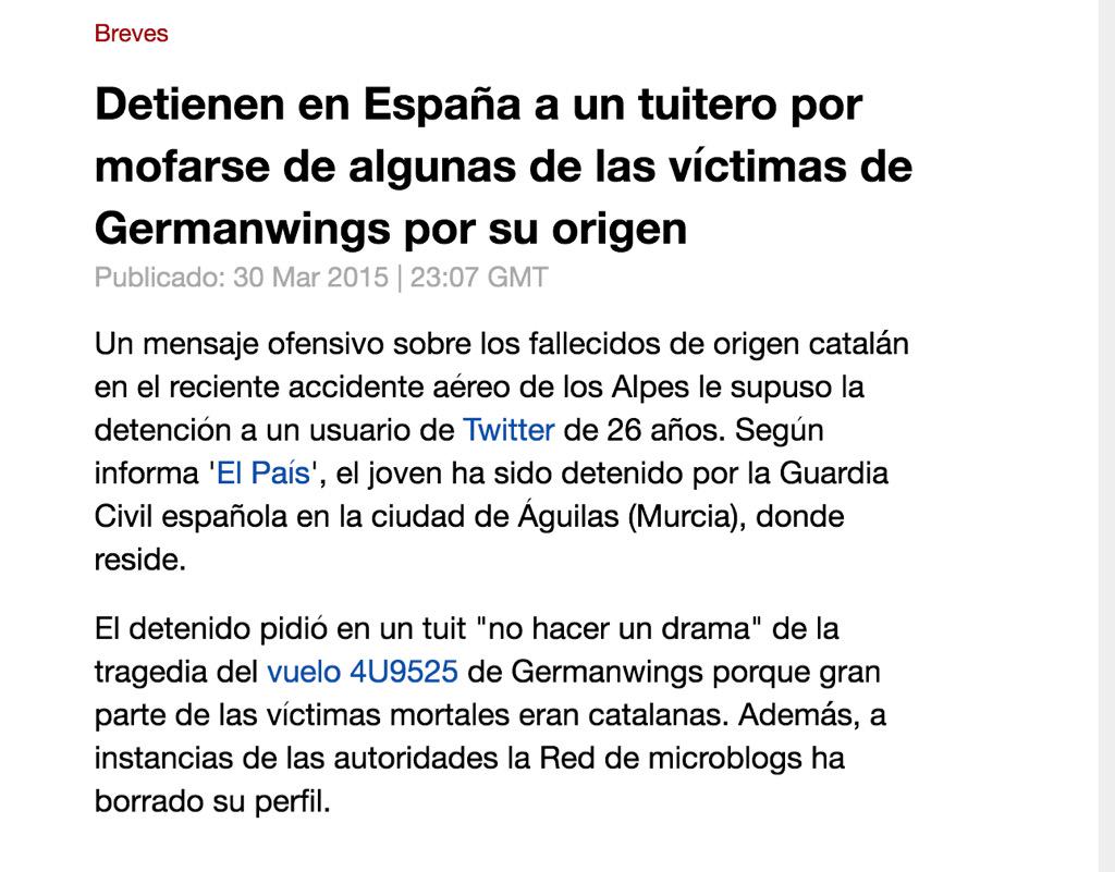 ErikaOSanoja's tweet photo. Detienen a un tuitero por mofarse de las víctimas mortales de un accidente. No fue en Venezuela. Fue en España. http://t.co/evglv7iHDo