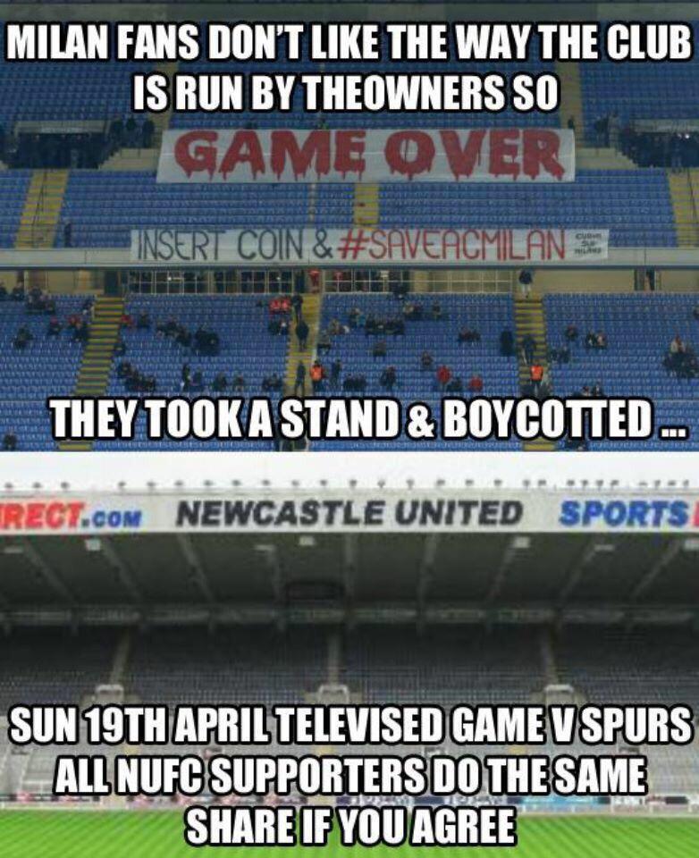 TheGeordieLion's tweet photo. #Milan fans did this lets stand together against mike Ashley #BoycottSpurs #StandWithTheFans #NUFC http://t.co/JdnErTtNNv