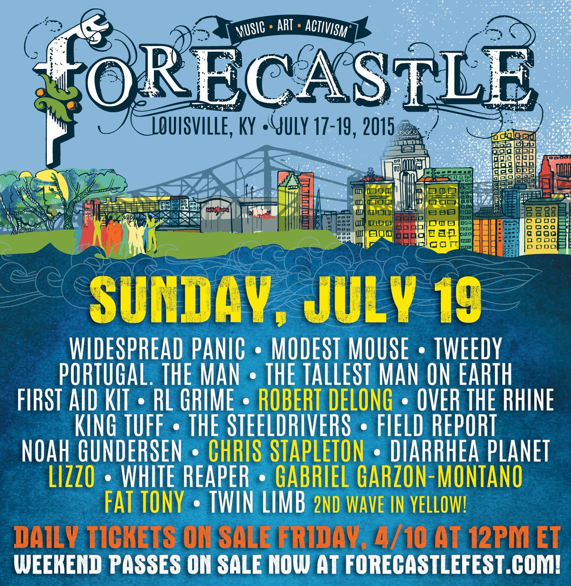 forecastle's tweet photo. 2nd wave + #Forecastle daily lineups out now! Daily tix on sale Friday. RT for your chance to win weekend passes! http://t.co/2jHqM0j0Sr