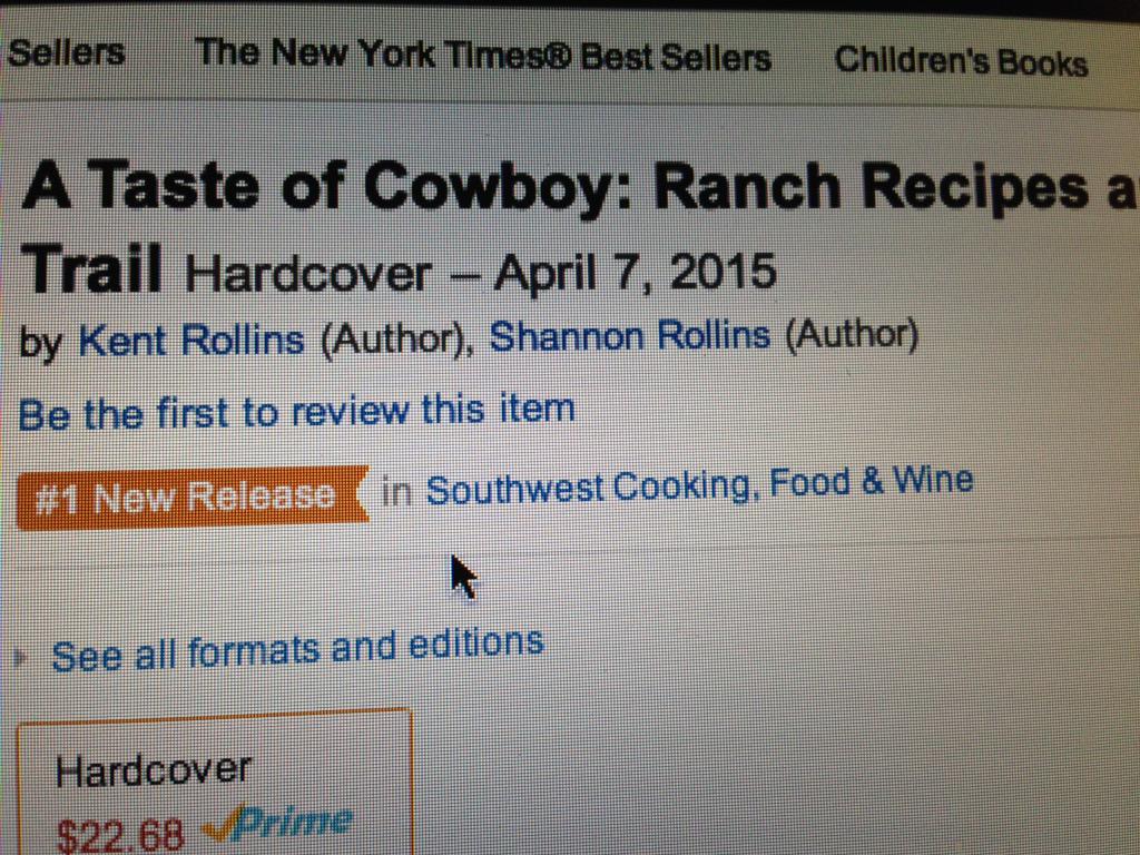 Kent_Rollins's tweet photo. Thanks @amazon for the help #ATasteofCowboy  #1 new release in #SouthwestCooking http://t.co/v3EnANwb4O