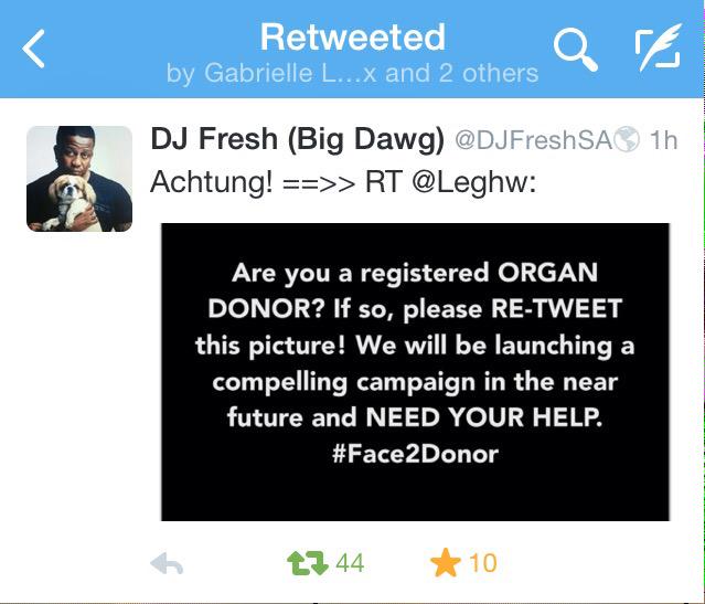 Leghw's tweet photo. @ABdeVilliers17 Please help create awareness for our campaign, like DJ FRESH has. #Face2Donor http://t.co/QX5oWcIRpZ
