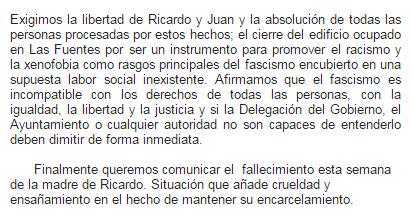Solidaridad10Zg's tweet photo. Manifiesto abierto para la libertad de Richi y Juan Diego #Solidaridad10Zgz ¡Libertad y absolución inmediata! Difunde http://t.co/mBSIZ2WS42