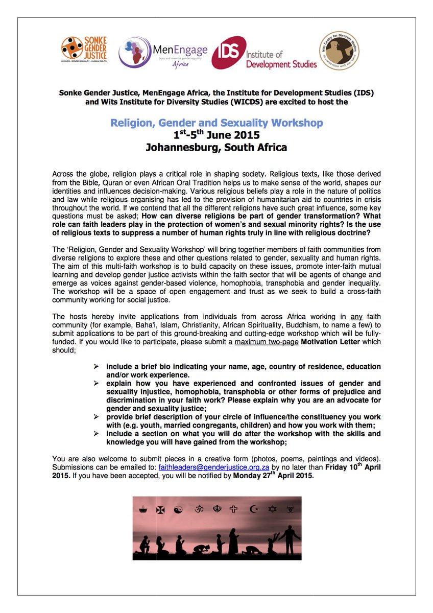 SonkeTogether's tweet photo. Calling applicants interested in attending Religion, Gender &amp; Sexuality Workshop 1-5 June JHB http://t.co/lNjv1GEHjQ http://t.co/4mikS0xTwz