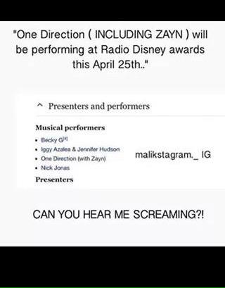 flexsin_'s tweet photo. ZAYN WILL BE PERFORMING WITH THE BOYS FOR THE LAST TIME AT RADIO DISNEY AWARDS IM SO HJVKCKFIMN http://t.co/RyrRhTNsvb