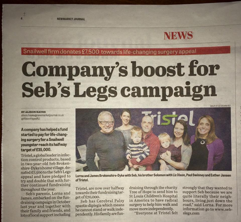 anisteluk's tweet photo. Tristel donate £7,500 to @sebslegs for life-changing surgery in America and Physiotherapy for Seb. #giving #sebslegs. http://t.co/Q4dGOU52iu