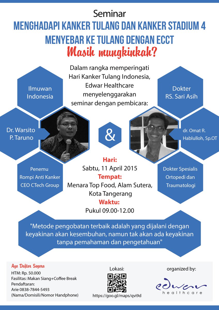 edwarhealthcare's tweet photo. Dear @edisukur Sila dibantu sebarkan informasi seminar ttg #kankertulang ini kepada yg membutuhkan infonya :) http://t.co/1MVjLZaScQ