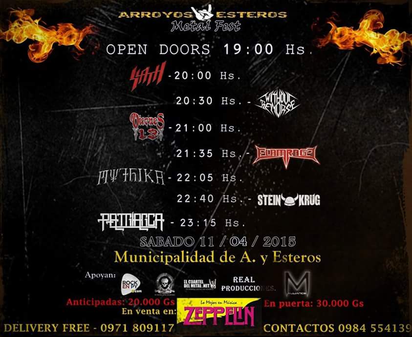 Aqui te dejamos los horarios para el Arroyos y Esteros Metal Fest

Open Doors: 19hs

Anticipadas en venta en Zeppelin