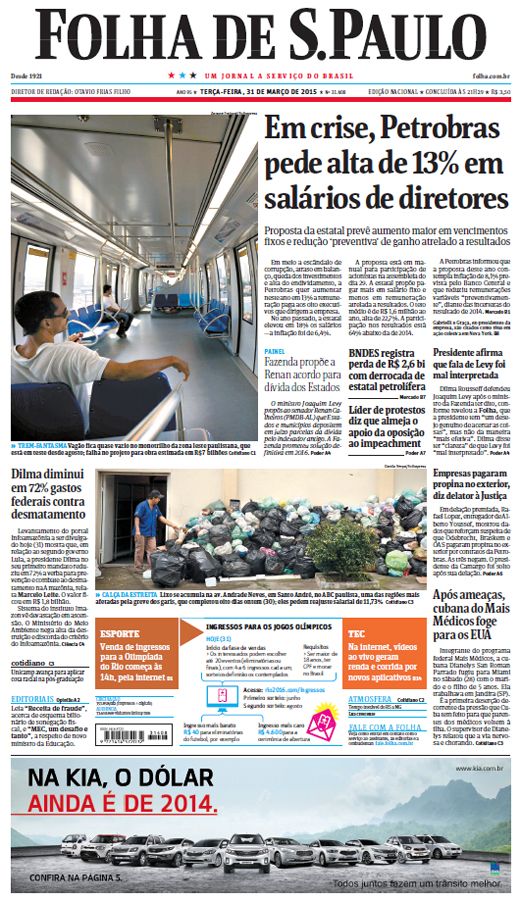 folha's tweet photo. Bom dia! Esta é a capa da Folha de hoje: http://t.co/wl2KBolE5W