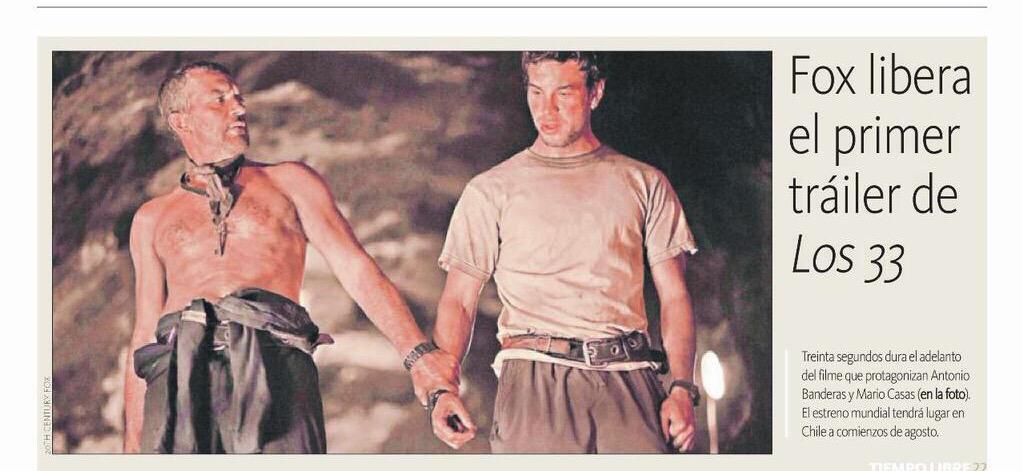 MarioCasasWorld's tweet photo. Mario junto a Antonio Banderas portada del periódico chileno "La Hora" con motivo del trailer de #Los33. http://t.co/iWGvNyPwt4