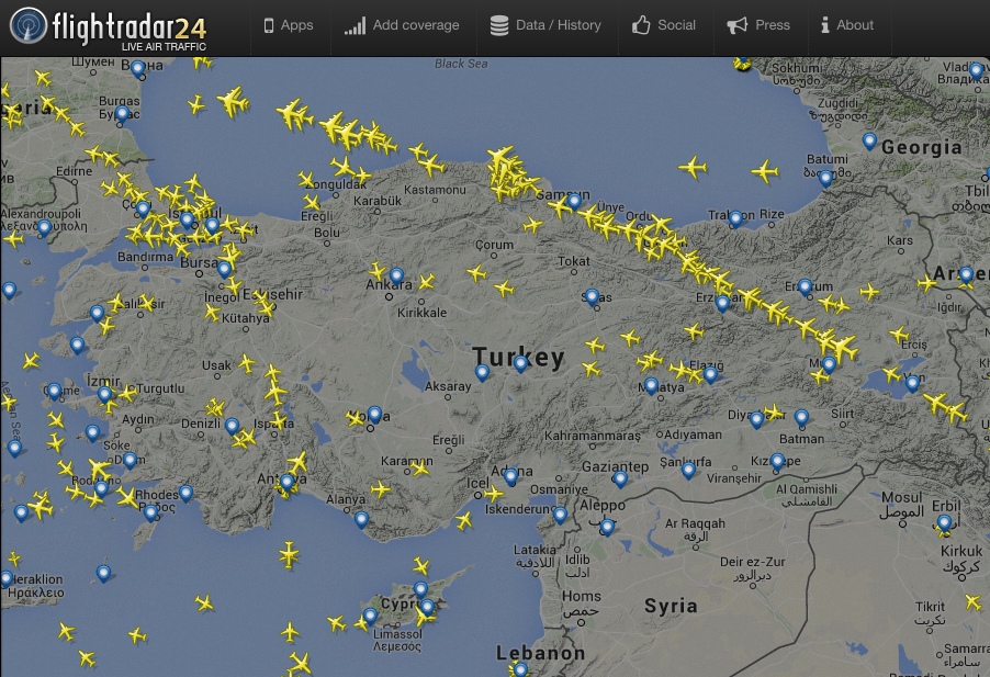 A repülők elkerülik Törökországot. Forrás: Flightradar24