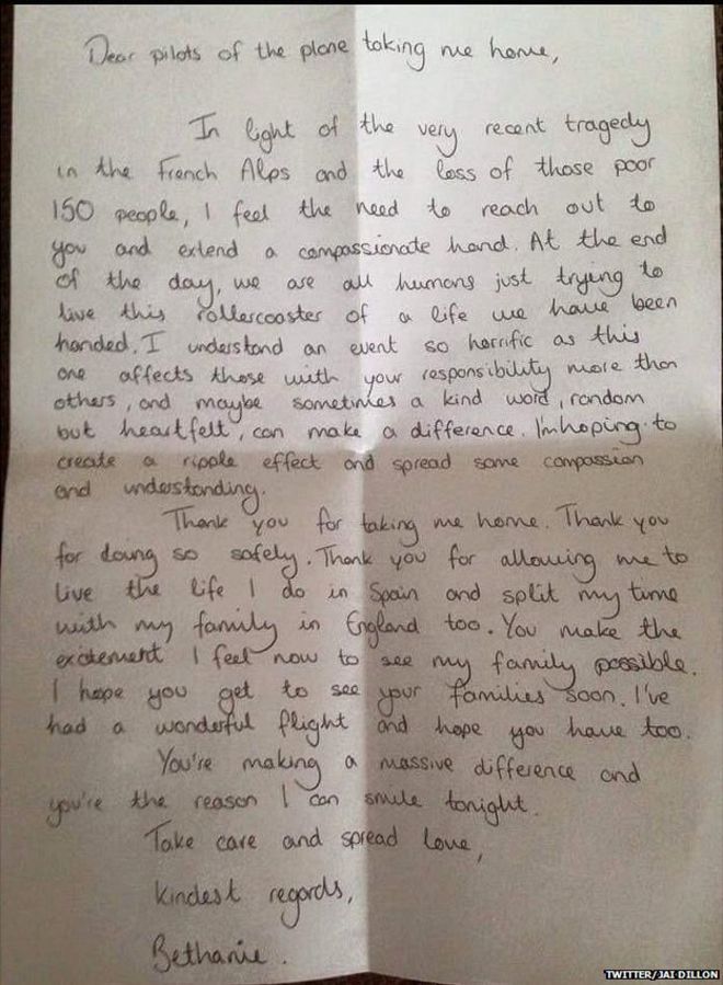 BBCNewsbeat's tweet image. Pilot shares thank you letter from airline passenger bbc.in/1NCAGbj