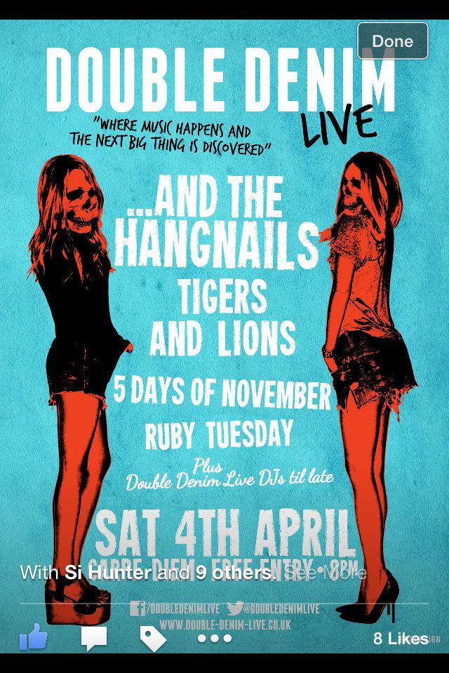 This Sat <a href="/CarpeDiem_Leeds/">Carpe Diem</a> <a href="/AndTheHangnails/">...And The Hangnails</a> <a href="/tandlband/">Tigers And Lions</a> <a href="/5DaysofNovember/">5 Days of November</a> <a href="/RubyTuesdayBand/">Ruby Tuesday 2011-15</a> FREE ENTRY