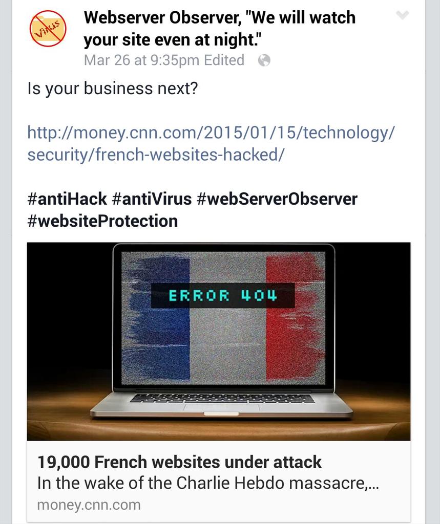 websrverObsrvr's tweet photo. Is your business next?
http://t.co/NiWbxVxRly
#antihack #antiVirus #webserverprotection #hackedwebsite http://t.co/g4cqKKvbIl
