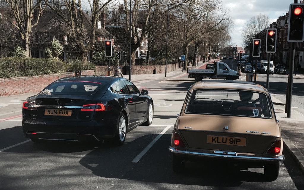benedictridge's tweet photo. Bad car day in North London.. #Tesla #austin #electric #uninspiring http://t.co/KfmlDA8kRW