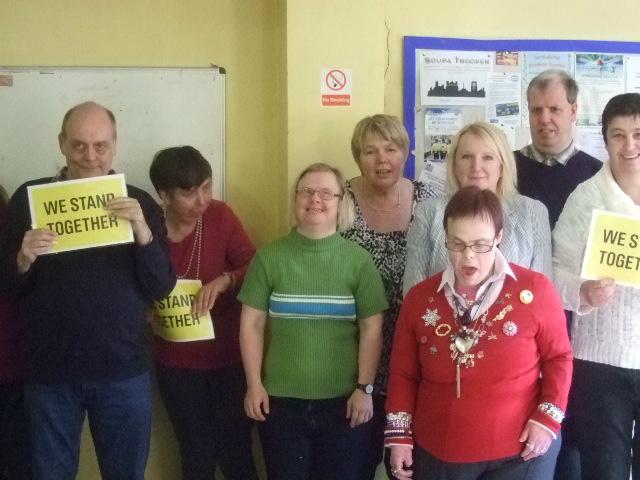 NYP_Hambleton's tweet photo. Members of @mencap_charity Friday Craft Club #WeStandTogether will you stand with them in combating Hate Crime? http://t.co/zvxjYJYxH4