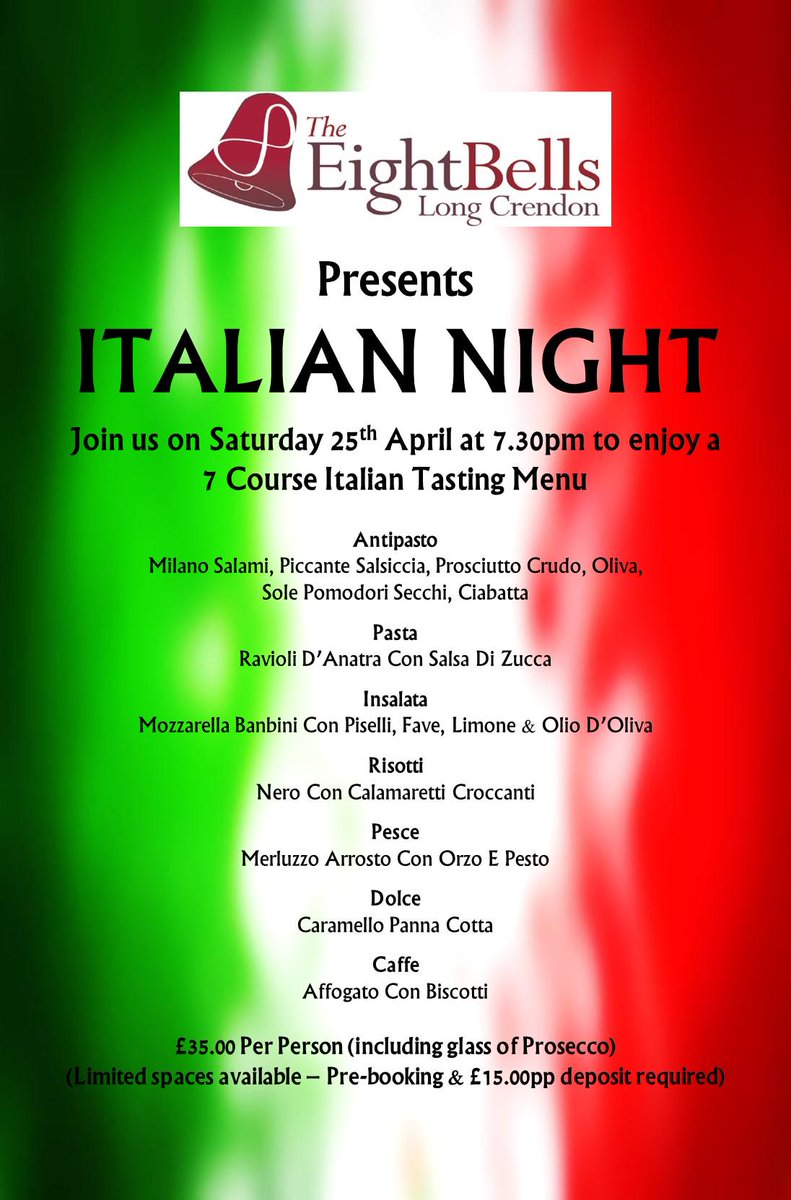 8bellspub's tweet photo. PRESENTING ITALIAN NIGHT Sat 25th April @ 7.30pm a 7 course Italian tasting menu. More Info http://t.co/6UhnjHL9fN http://t.co/iDlXN0vDiA