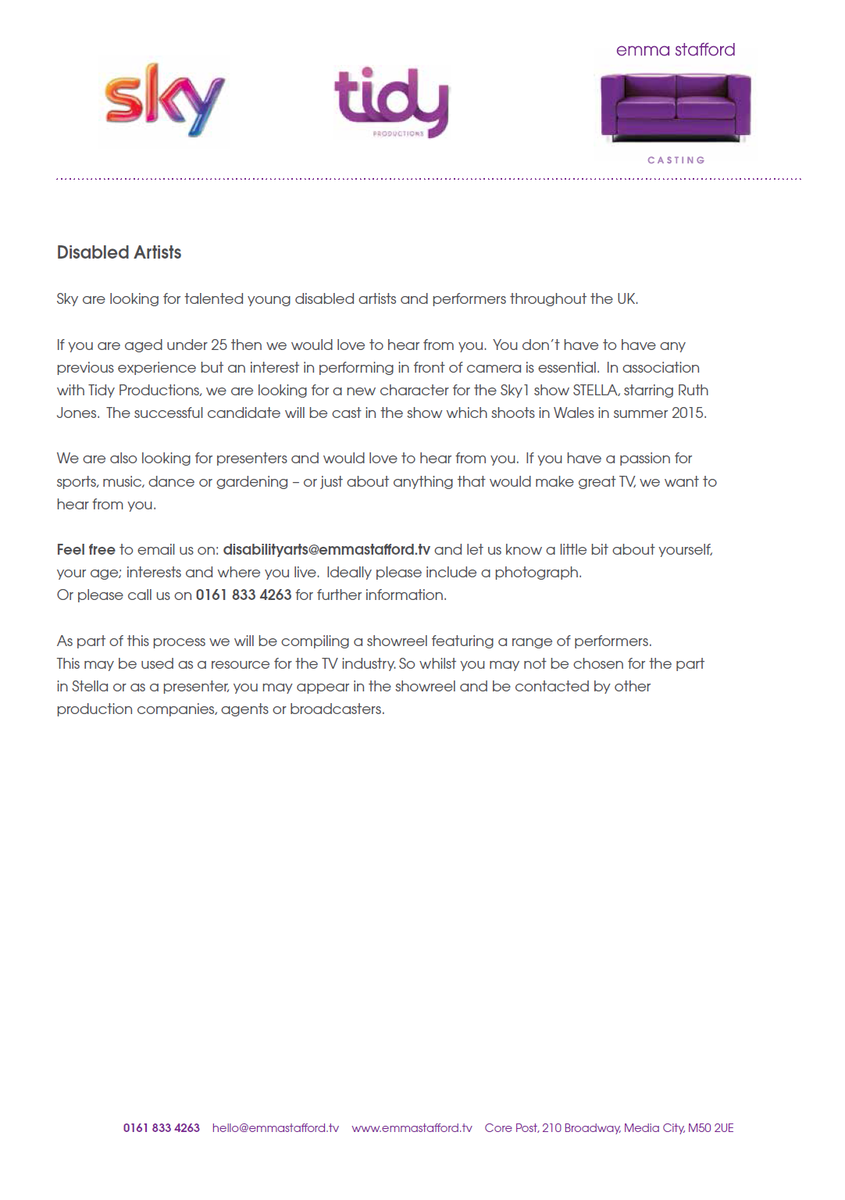ArtShape's tweet photo. SKY TV are looking for #disabled artists &amp; performers under age 25 for new TV Character opposite Ruth Jones. http://t.co/2ChBrW8Q9O