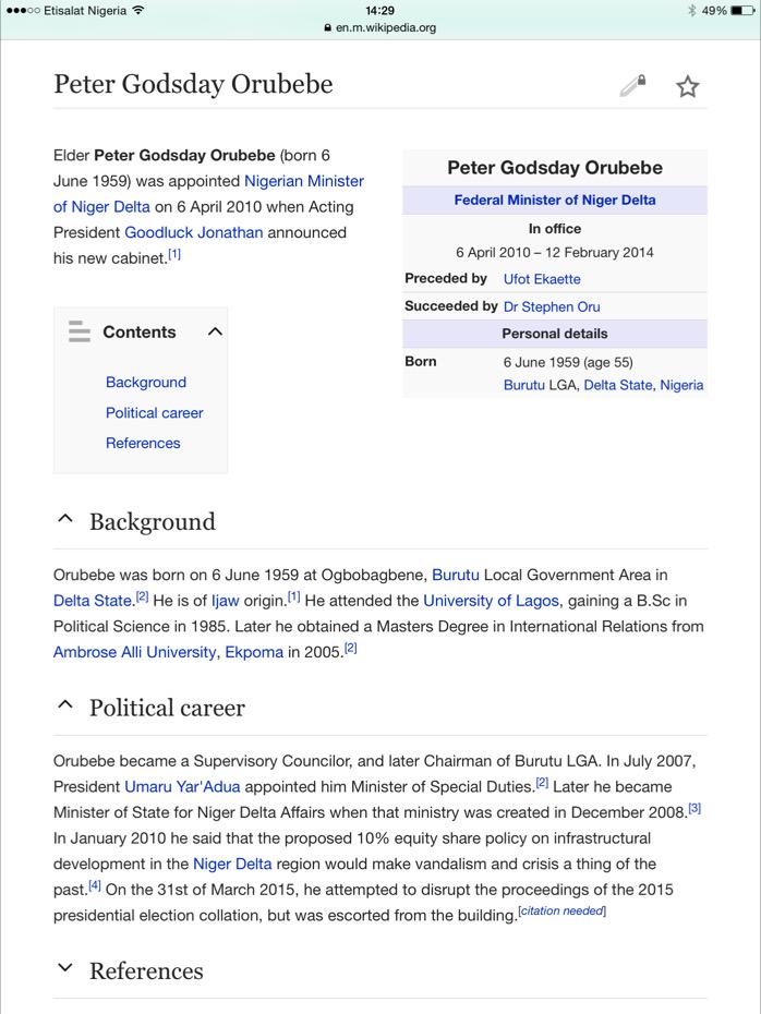 Wikipedia updated Orubebe's profile #NigeriaDecides <a href="/NGYouths4Change/">Youths For Change NG</a> <a href="/Ayourb/">Ayour Benkarim</a> <a href="/ogundamisi/">Káyọ̀dé Ògúndámisí 🇳🇬</a> <a href="/toluogunlesi/">Tolu Ogunlesi</a>