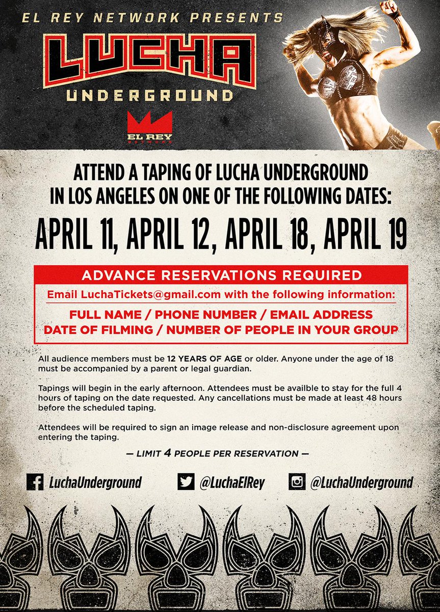 dorianroldan's tweet image. Attend a taping of Lucha Underground in Los Angeles in April. @LuchaElRey @luchalibreaaa #LuchaLuchaLucha