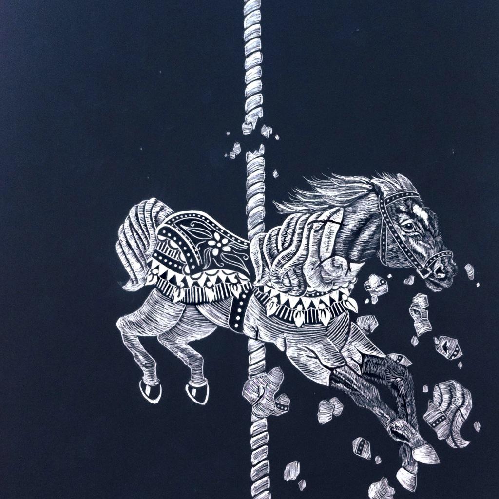 TayBritLee's tweet photo. Freedom🐎 #illustration #art #scratchboard #blackandwhite #drawing #animals #horse #carousel #carnival #breakingfree http://t.co/7X4Zxjnc44