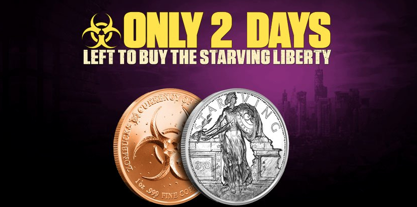 ProvidentMetals's tweet photo. 2 days left to buy Zombucks Starving Liberty silver and copper rounds - http://t.co/UOVL9pSb0p #FightTheBite http://t.co/mwVnt8Qjkp