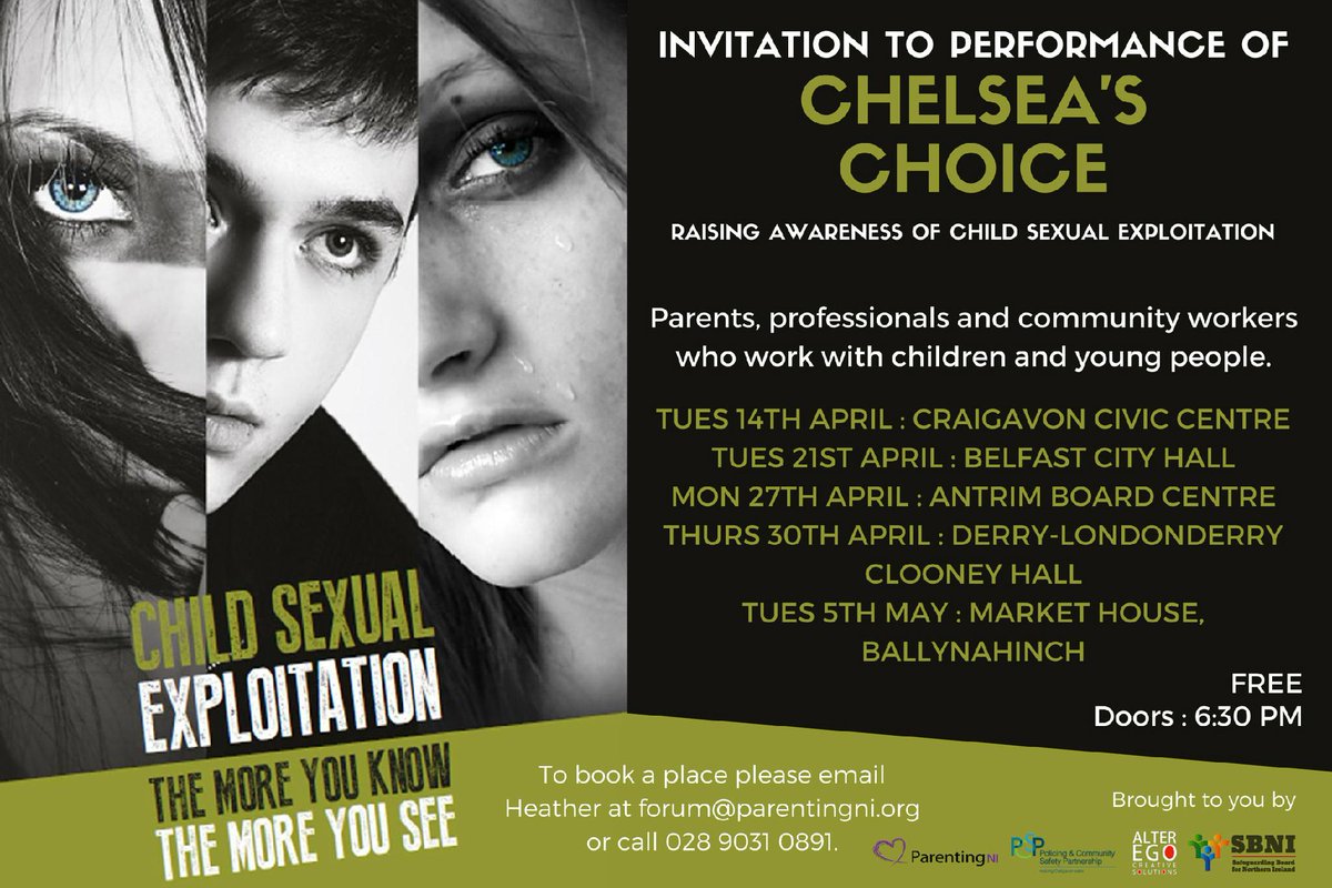 <a href="/safeguardingni/">Safeguarding Board for Northern Ireland</a> invites you to a performance of Chelsea's Choice @AlterEgoCS. Book your free place now <a href="/ParentingNI/">Parenting NI</a>
