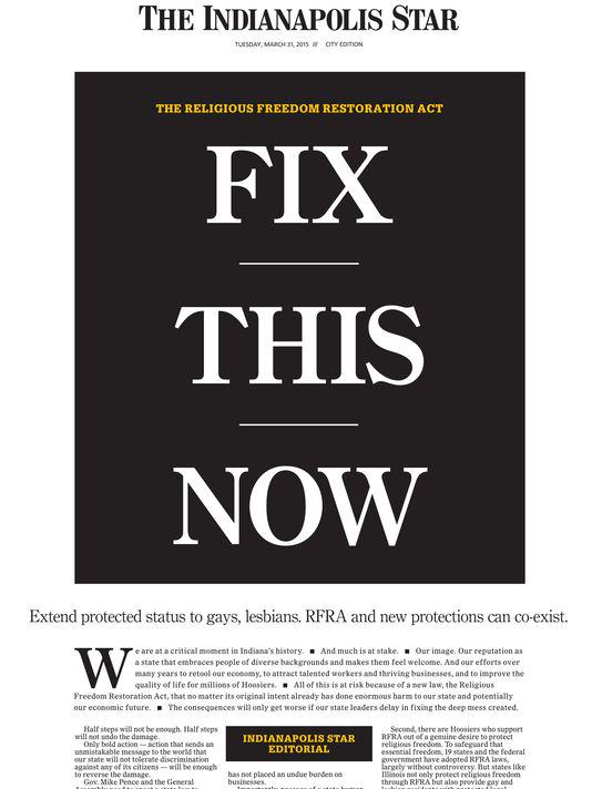glaad's tweet photo. Indiana's largest newspaper says, "FIX THIS NOW" http://t.co/lB1nt8RrFR #RFRA http://t.co/tiwpbl7Jg3