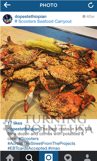 TPUSA's tweet photo. $38 worth of crabs bought with #EBT. This is #EBTabuse. See more #EBTculture here: http://t.co/3WmGNQv33K http://t.co/adcMxGPqRE