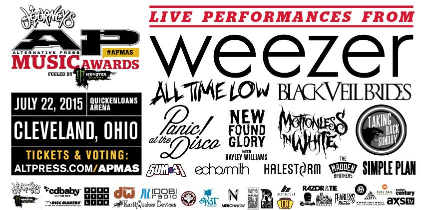 AltPress's tweet photo. The 2015 #APMAs lineup... so far. More bands announced soon! Tickets on sale this Friday 4/3! http://t.co/3Kf8e5pNu6 http://t.co/XJIqixfCO2
