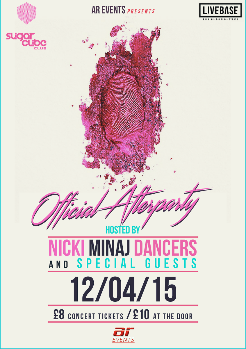 Sugarcubeclub's tweet photo. OFFICIAL PINK PRINT AFTERPARTY SUNDAY 12th APRIL
HOSTED BY NICKI MINAJ DANCERS PLUS CELEBRITY GUESTS http://t.co/JMB75XfdeX