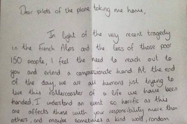 Pilot given note for taking passenger home safely a week after French Alps crash bit.ly/1GbEiOO