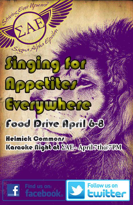 SAEDrake's tweet image. Next week we will be having a food drive for the Food Bank of Iowa! Karaoke Tuesday at 8 @ SAE #SAEFoodDrive