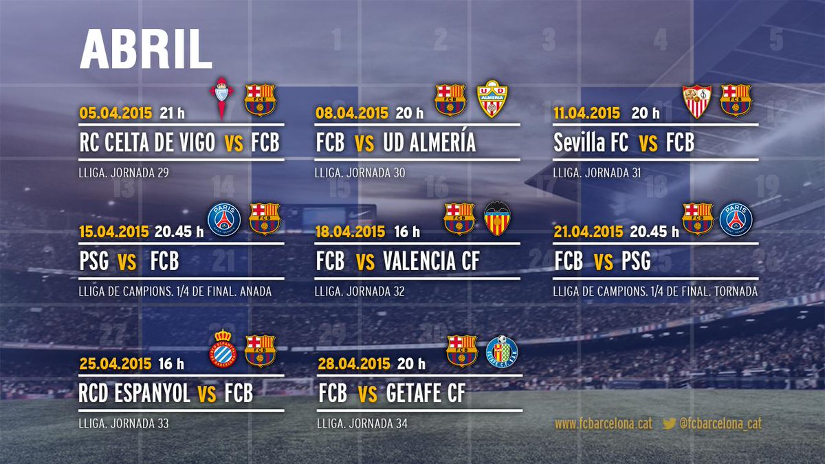 INDOBARCA_SMG's tweet photo. FOTO: Jadwal pertandingan Barça di bulan April. [lfp] http://t.co/BFl566C2oP