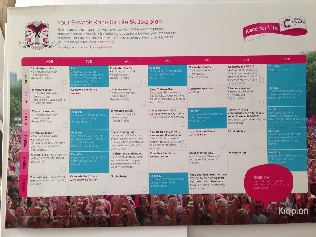 Team Whitchurch we charge together 💕 here is our 6 week 5k Jog Plan 🎀 let's Beat Cancer Together #RaceforLife 💕