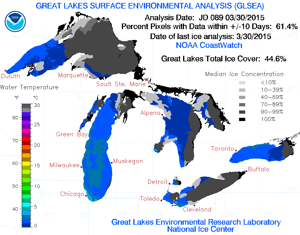 #GreatLakes ice cover falls to ~44% as spring temps return (photo via <a href="/NOAA_GLERL/">NOAA Great Lakes Environmental Research Laboratory</a>)