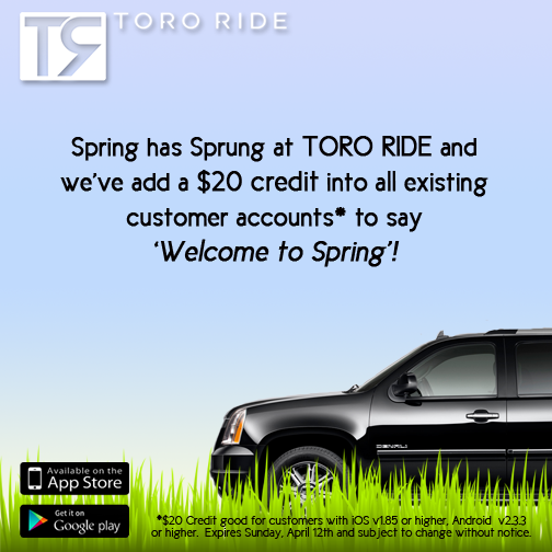 ToroRide's tweet photo. Spring has Sprung @ToroRide &amp; we’ve add a $20 credit into existing customer accounts! (see image for full details) http://t.co/X3awAZR1xe