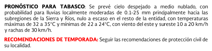 Pronóstico para Tabasco: 31 de Marzo de 2015
Fuente: CONAGUA