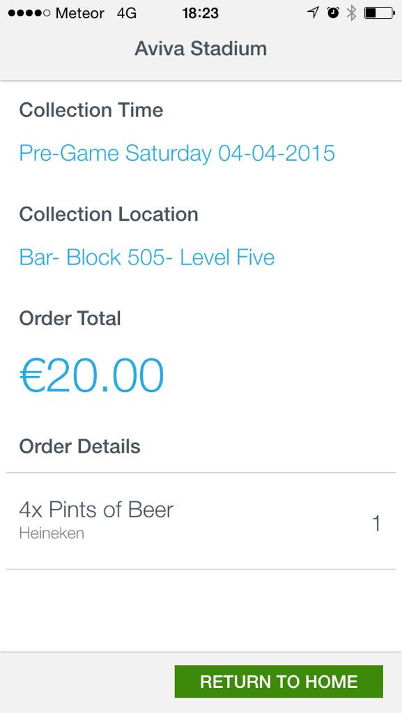 cianer31son's tweet photo. Just made my pre-game order on #RapidQ for @leinsterrugby V @bathrugby at @AVIVAStadium 4 pints of @Heineken_IE 😘👌 http://t.co/kTHeHZ5zFf